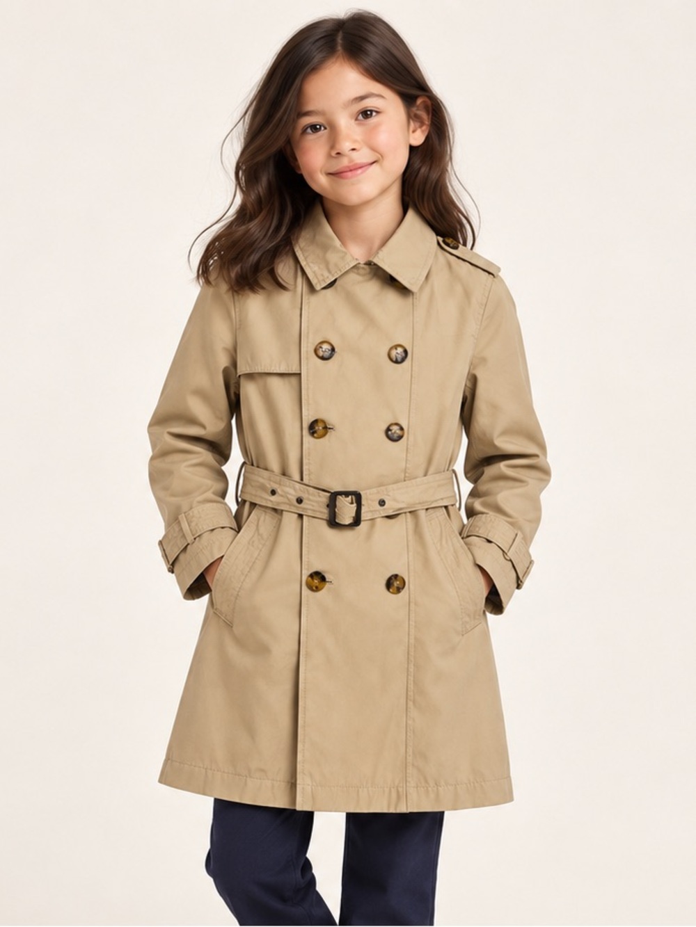 ZARA Kids Khaki Belted Trench Coat Size 9 Double Breasted Classic